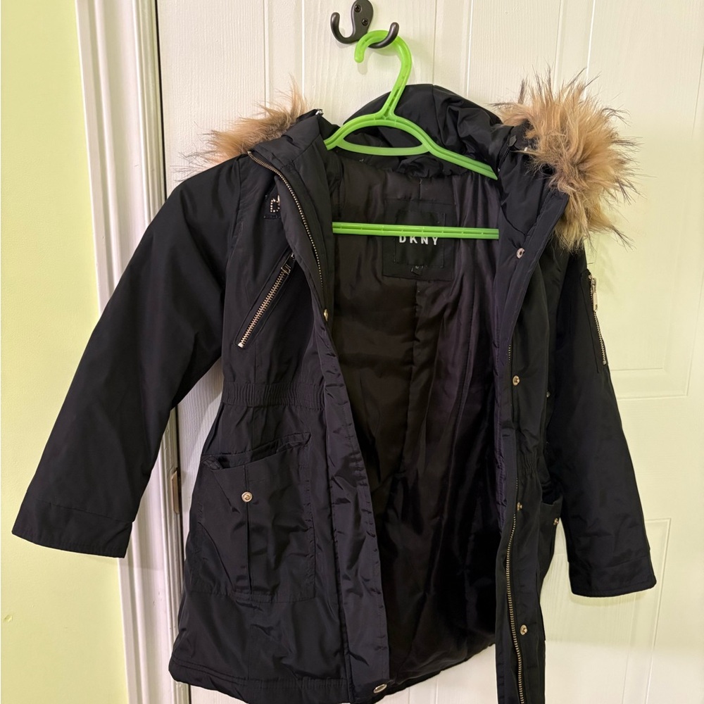 DKNY Black Kids Parka Coat with Faux Fur Hood